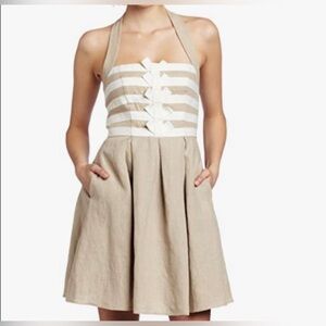 Jessica Simpson|Tan Linen Halter Dress w White Horizontal Stripes, Feminine!•••